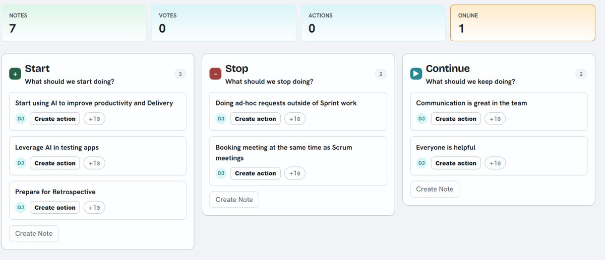 Sprintretro Start Stop Continue board with stat cards and timer